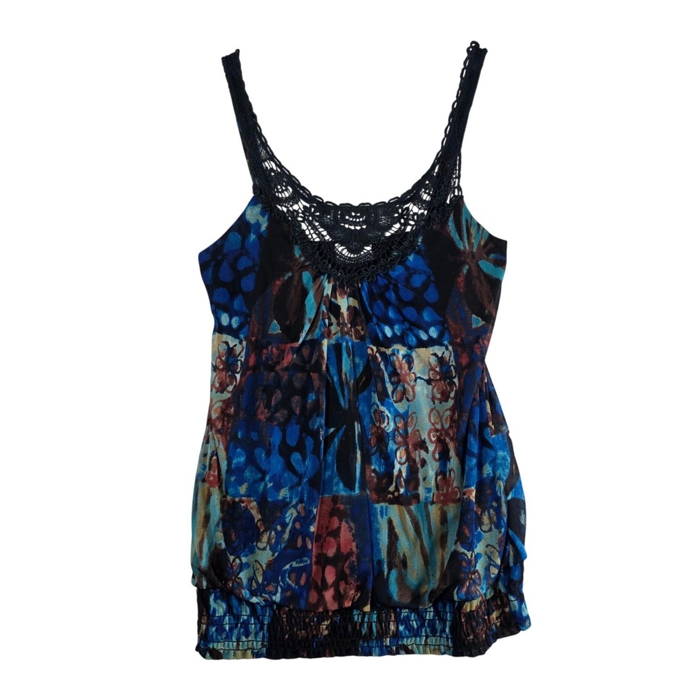 VTG Have Tank Top Blue Brown Abstract Floral Crochet Lace Smocke Sz L Boho Indie